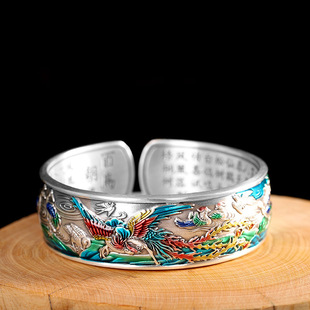 百鸟朝凤9999足银手镯女宽版实心开口复古民族风大气纯银镯子礼物