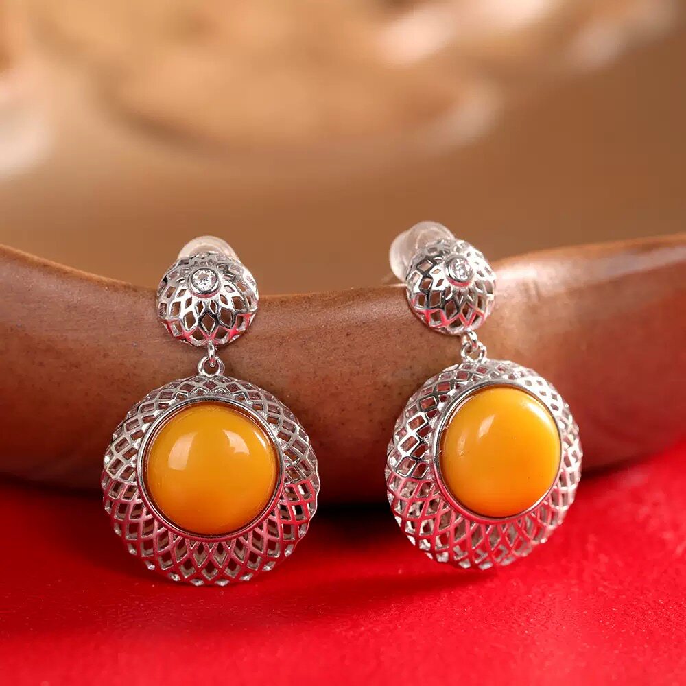 气质925纯银蜜蜡耳坠女小众时尚国风耳钉复古优雅耳饰镶嵌百搭