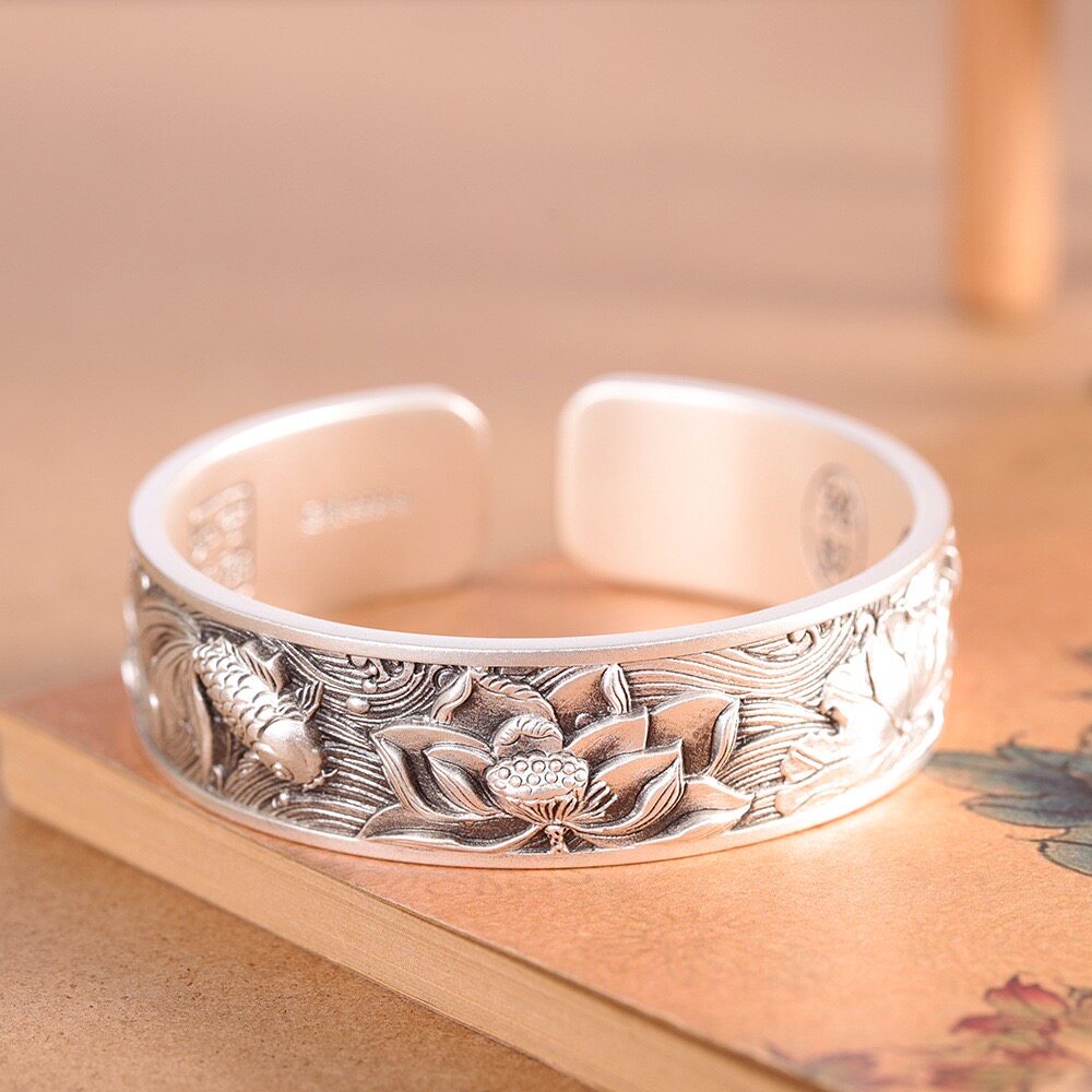 福泽连绵足银9999手镯女开口莲花锦鲤纯银镯子做旧民族风送妈妈