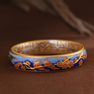 喜鹊登梅足银999珐琅彩手镯女闭口宫廷中国风镂空纯银镯子礼物