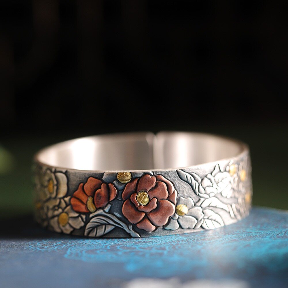 雪去春来足银999手镯女民族风手工纯银镯子镶金复古雕花妈妈礼物