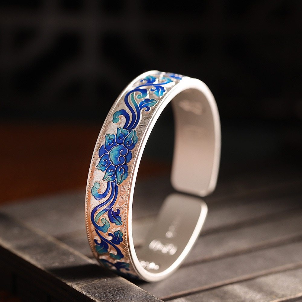 青花足银9999吉言手镯女开口古法珐琅彩纯银镯子复古国风手环礼物