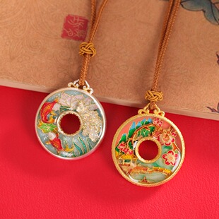 锦鲤戏莲足银999珐琅彩平安扣项链女复古国风纯银毛衣链吊坠礼物