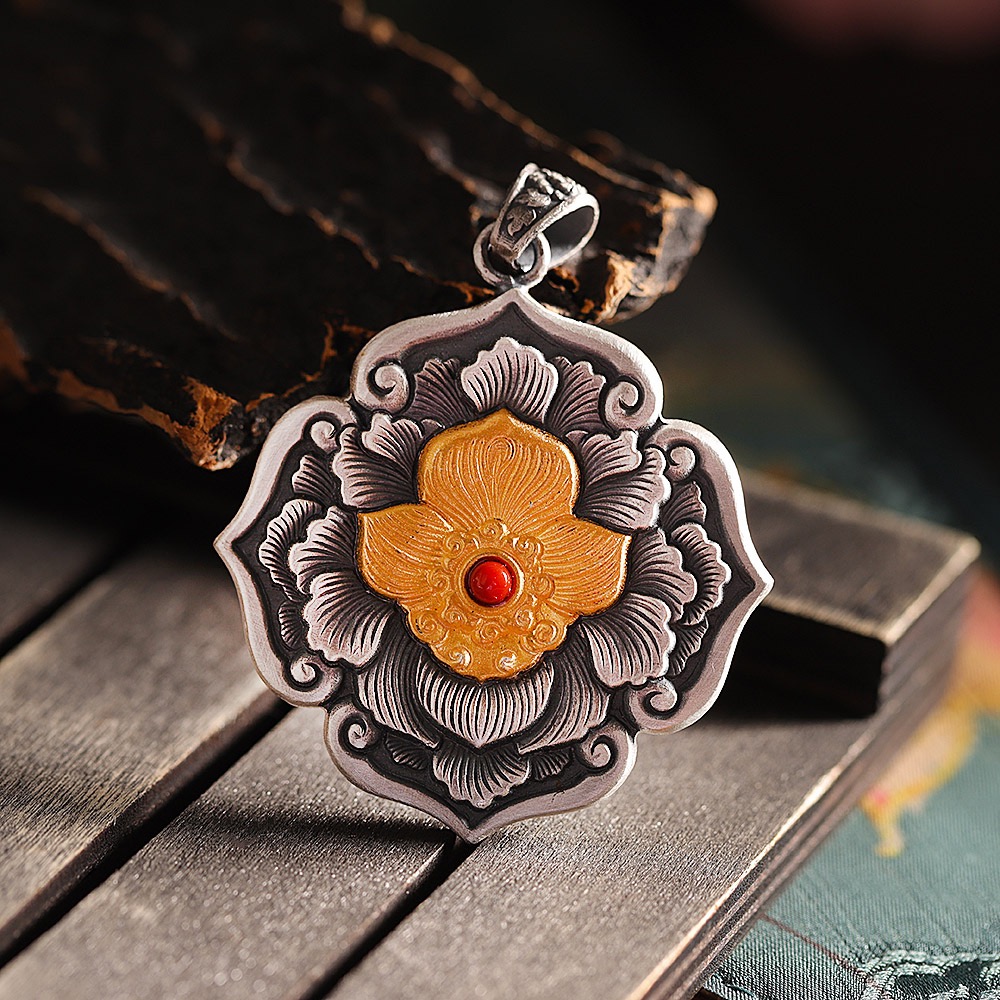 宝相花足银999手工吊坠礼物