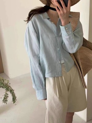 韩国MARE棉麻宽松领短款长袖衬衫