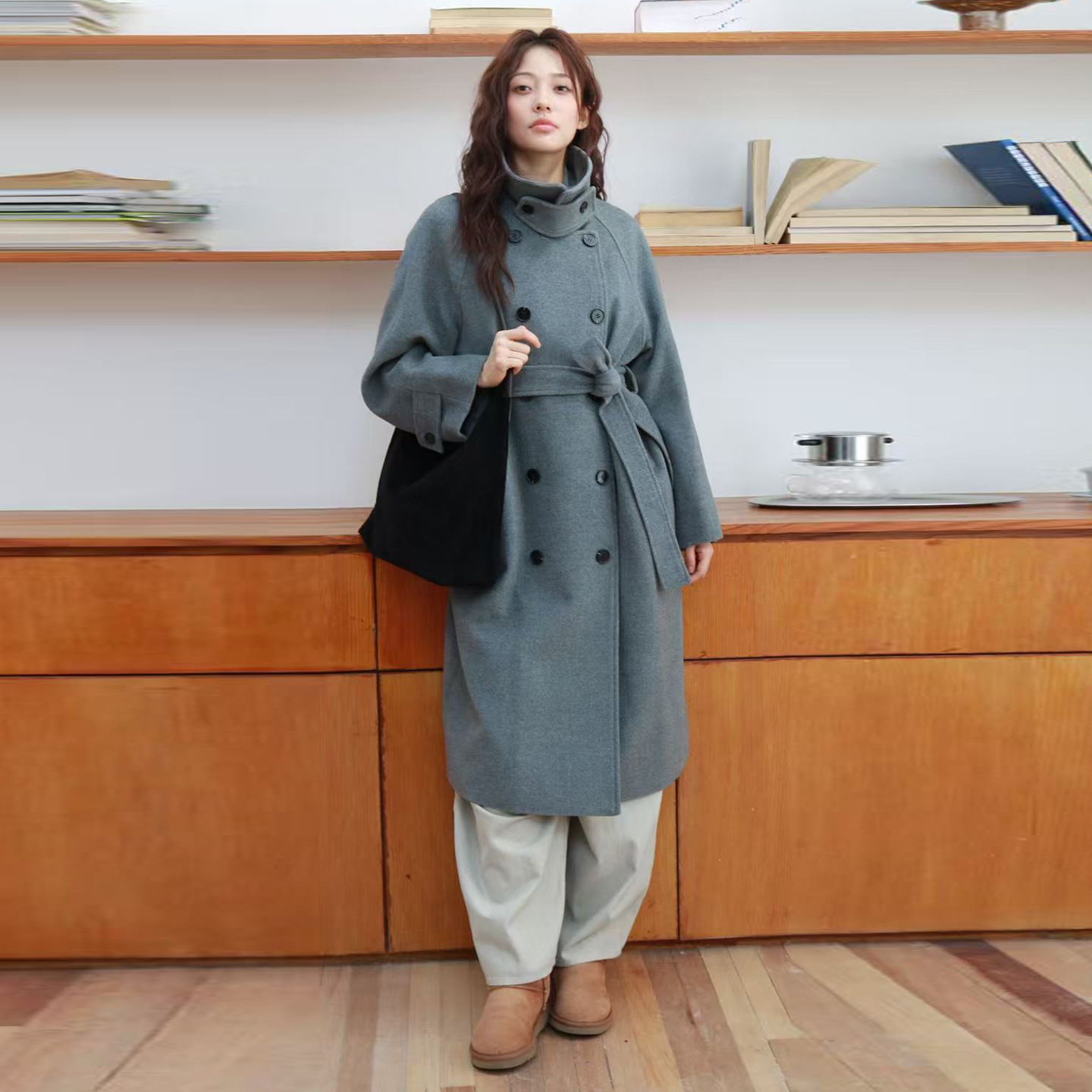 现货 FP灰色羊毛大衣女秋冬季新款高级感宽松慵懒风立领毛呢外套