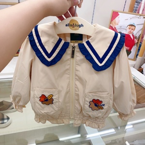 韩国童装 23春秋新款女宝儿童洋气蓝色花边娃娃领外套 拉链风衣