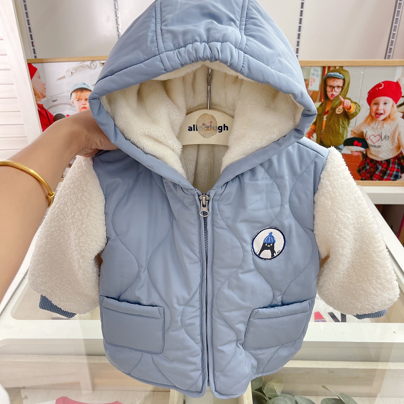 韩国专g童装 22冬男女宝儿童拼接连帽棉服外出保暖加绒外套WS14