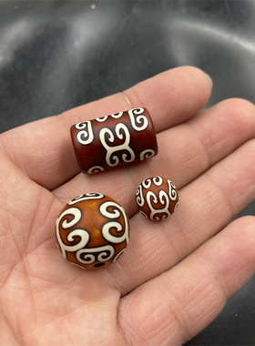 四海玉器 藏式复古回纹老玛瑙圆珠散珠 天珠玛瑙筒珠散批 特价