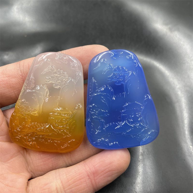 四海玉器 天然正品蓝玉髓山水牌子 半黄色玛瑙山水毛衣链挂件