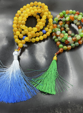 10毫米108颗黄色龙纹玛瑙佛珠念珠毛衣链 长款孔雀绿玛瑙斜挂项链