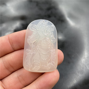四海玉器 天然白玉髓关公牌子 白色玛瑙忠义关公挂件 玉坠