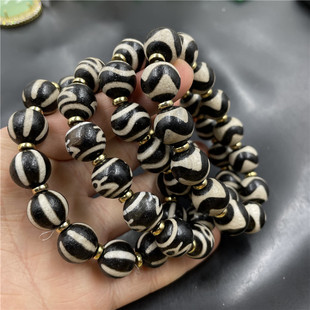 四海玉器 14毫米黑白色天珠玛瑙南瓜手链 财神 虎牙算盘珠手串