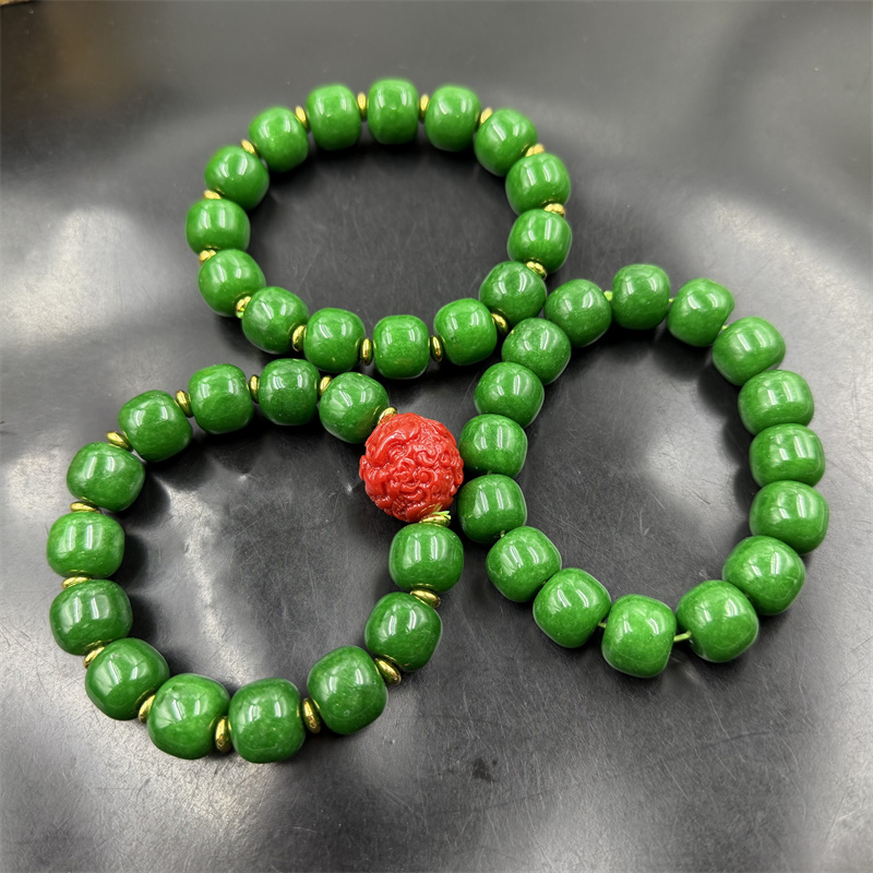 四海玉器 干青铁龙生翠玉老型珠手链 绿色算盘珠 筒珠手串