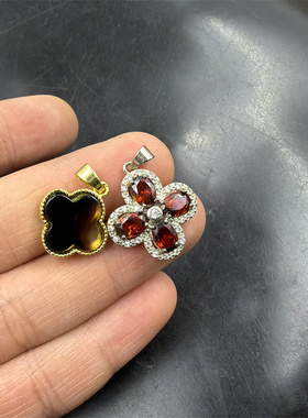 四海玉器 镶嵌石榴石四叶草吊坠 黑色四叶草挂件 绿色四叶草玉坠