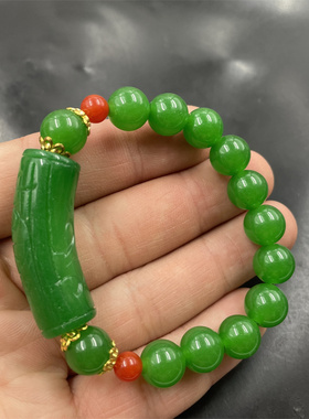 四海玉器 新款绿色巴山翠玉弯管手链 女款精美玉手串