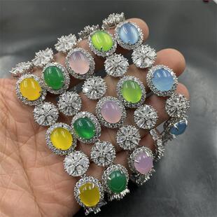 四海玉器 镶嵌绿玉髓手链 新款可伸缩粉色玛瑙手链 黄玉石手串