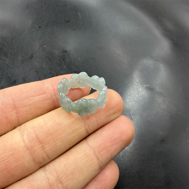 四海玉器 天然正品翡翠A货花朵戒指 蓝水翠玉花朵戒指