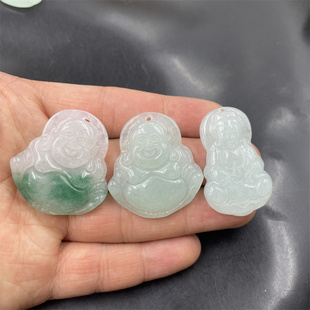 四海玉器 白底青巴山翠玉弥勒佛吊坠 青白色玉观音挂件 大肚佛