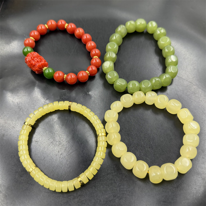四海玉器 新款黄玉平安扣手链 随形珠手串 红色花朵手串