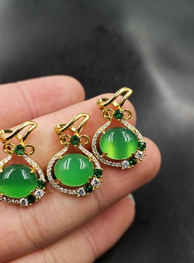 玉器925银小钱袋翠绿色玛瑙吊坠