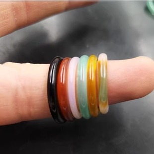 四海玉器 天然白玉髓玛瑙线条戒指 红色细条戒圈 黑玉指环 跑环