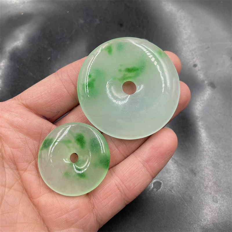 四海玉器 冰种白底青飘绿花巴山翠玉平安扣吊坠 大号玉石挂件玉坠