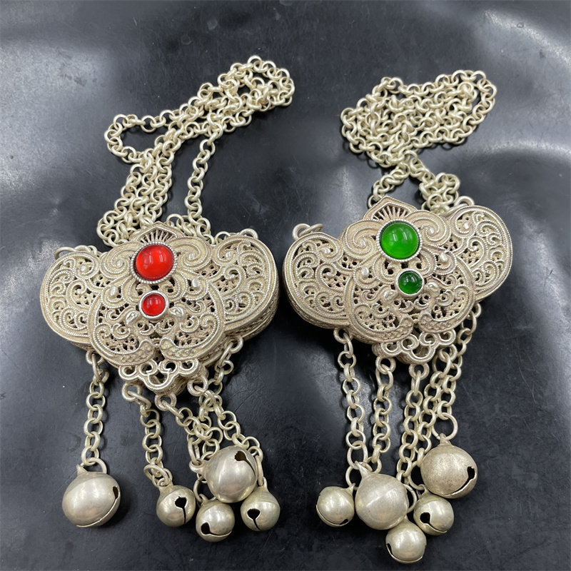 四海玉器 藏式复古藏银镶嵌如意锁吊坠 毛衣链挂件 项链