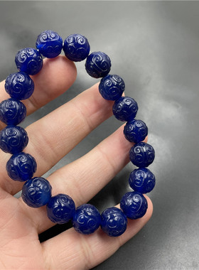四海玉器 10毫米蓝色回纹雕花玛瑙圆珠手链  男女款小珠子手串
