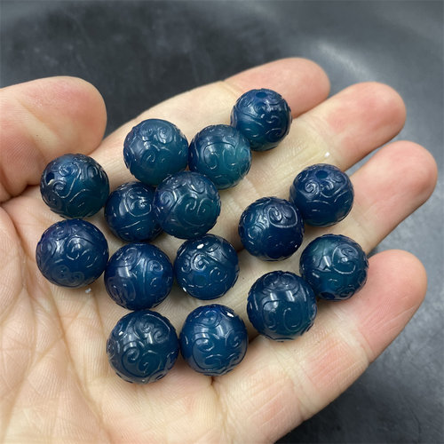 四海玉器 14毫米蓝色回纹雕花玛瑙圆珠散珠 散批