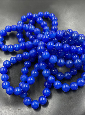 四海玉器 12毫米蓝色玛瑙圆珠手链  蓝玉髓手串 男女款玉石手串