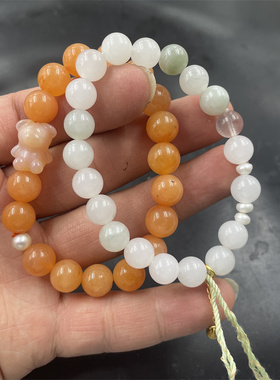 四海玉器 新款白底青天山翠玉圆珠手链 橘红色金丝玉手串 特价