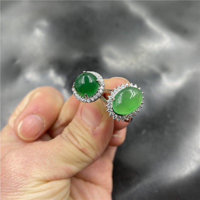 四海玉器 镶嵌绿玉髓戒指 女款活扣可伸缩绿色玛瑙戒圈 指环