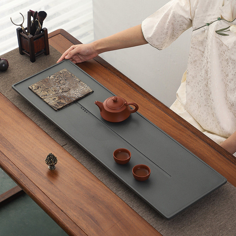 家用整块浮雕乌金石茶盘大号石材功夫茶台小黑金石头茶海茶具托盘