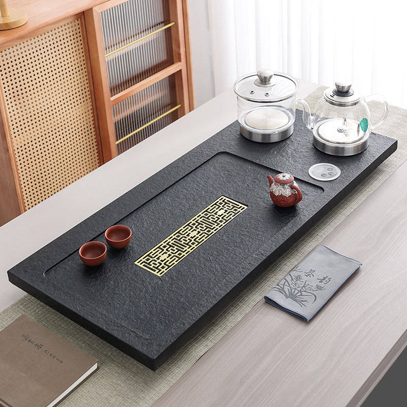 家用整块浮雕茶盘石材台小黑金
