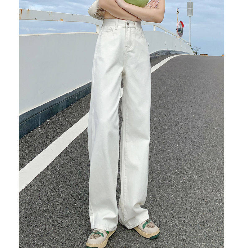 2022新款牛仔裤女宽松直筒米白色