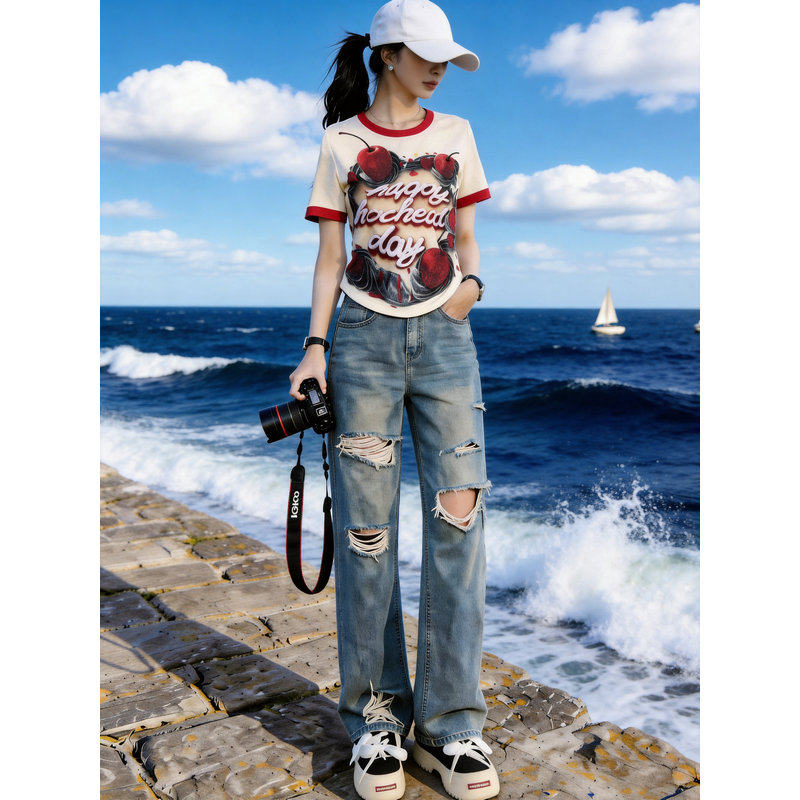 个性休闲破洞乞丐牛仔裤圆领弧形短袖两件套女2026春夏新款洋气潮