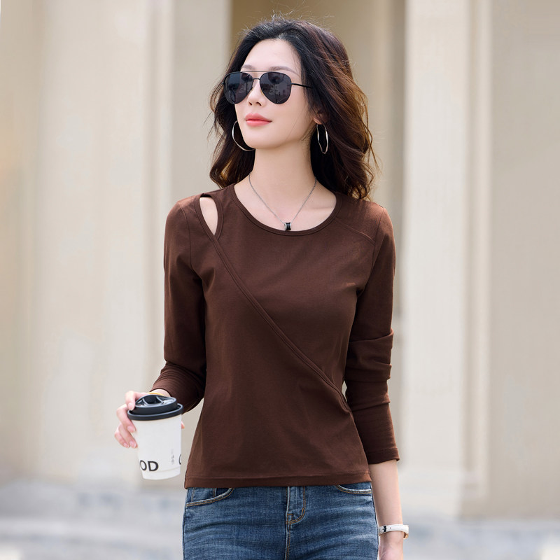 2026春季新款长袖T恤女圆领肩部镂空设计感打底衫小个子修身显瘦