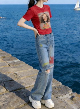 红色烫钻短袖破洞直筒牛仔裤两件套女夏季新款休闲洋气减龄套装潮