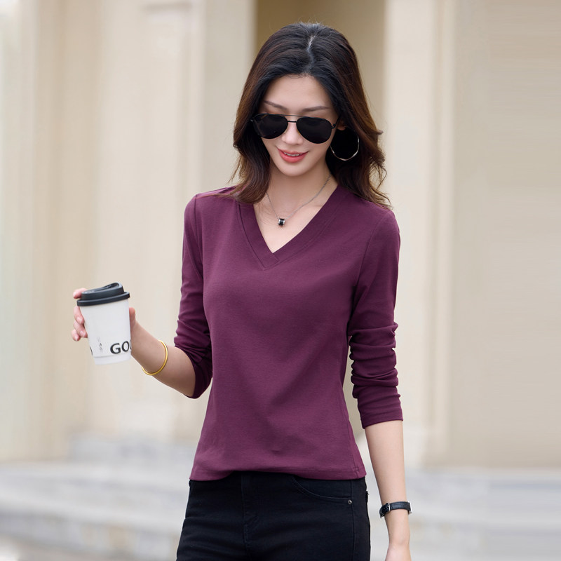 2026早春新款V领长袖T恤女气质修身显瘦简约休闲减龄洋气打底衫潮