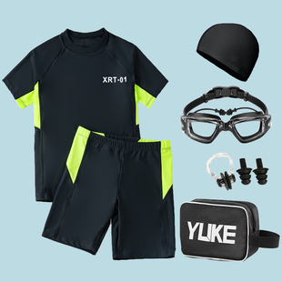 青少年男孩分体游泳衣泳裤全套装泳镜黑色加大码胖童小初中8-12岁
