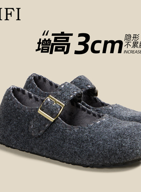 增高3cm勃肯鞋女2025 新款灰色反绒皮玛丽珍单鞋一字扣懒人一脚蹬