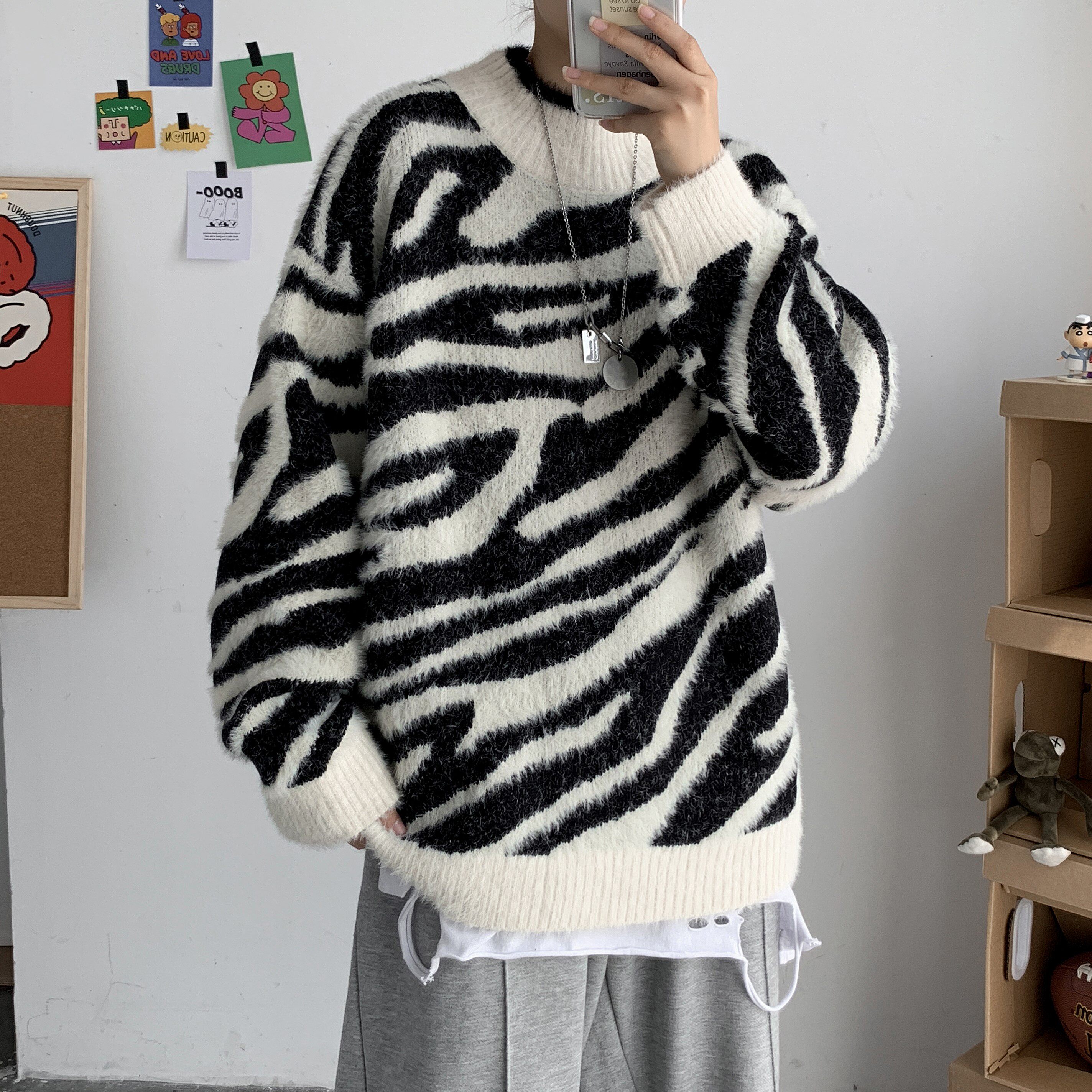 秋冬新韩版宽松黑白斑马纹套头慵懒风毛衣男女ins针织衫T806-P75,男装针织衫/毛衣,星座1501