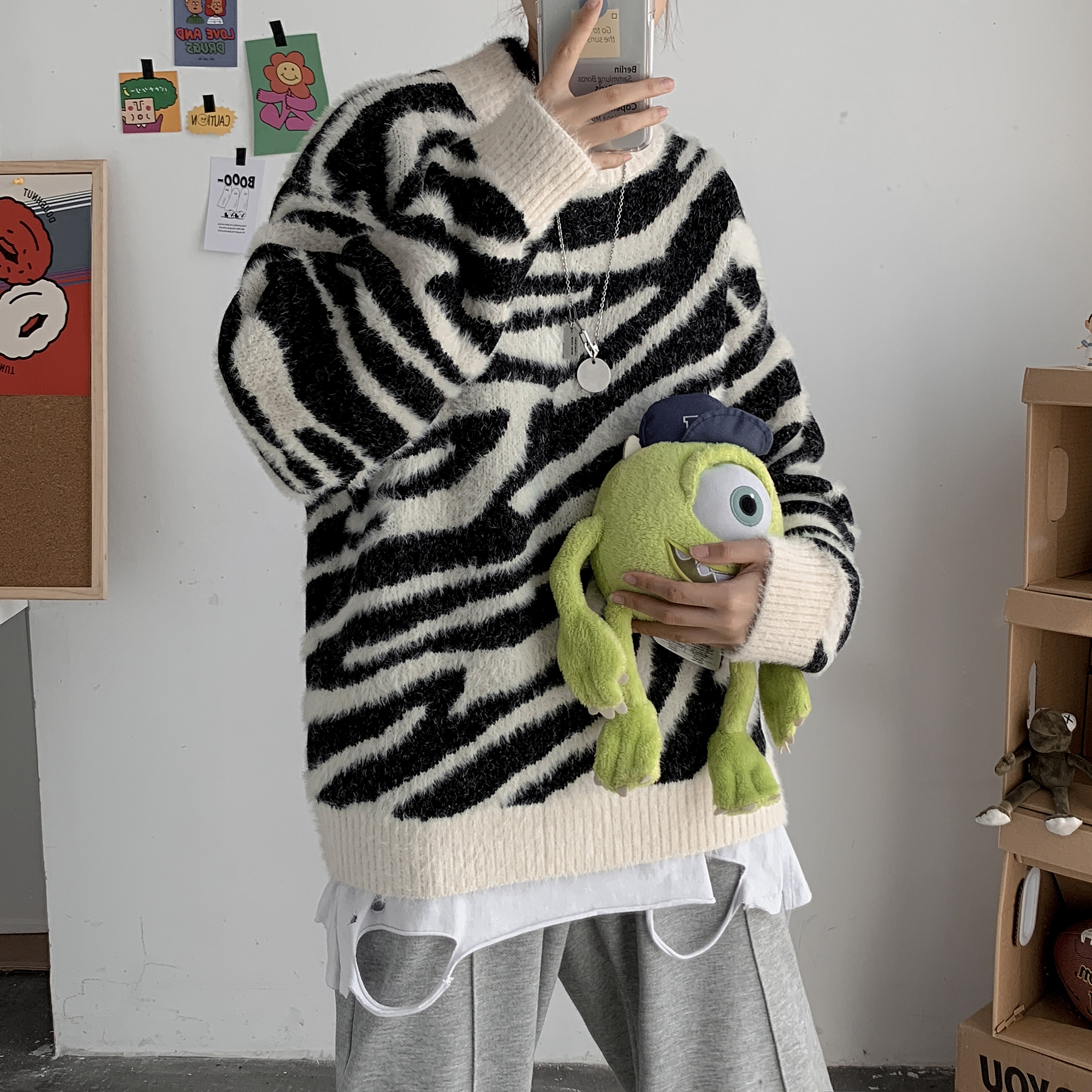 秋冬新韩版宽松黑白斑马纹套头慵懒风毛衣男女ins针织衫T806-P75,男装针织衫/毛衣,星座1501