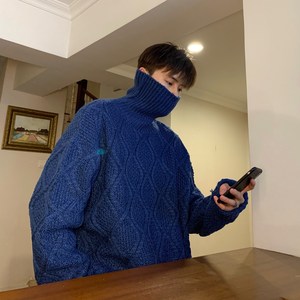 冬季加厚韩版针织衫宽松套头菱格高领毛衣男女T819图片