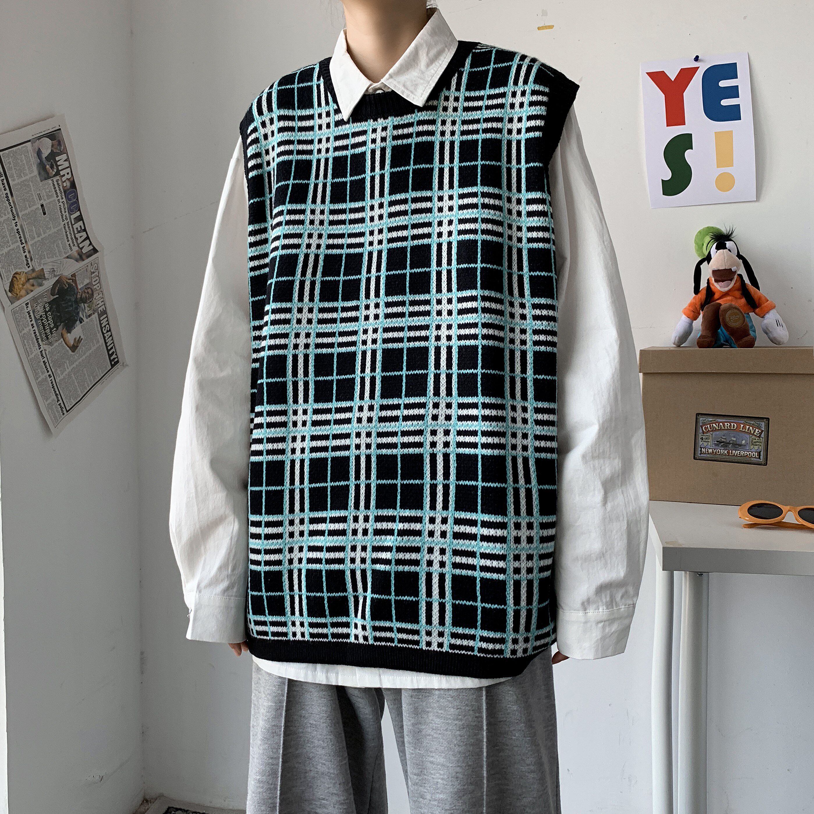 韩版格子背心情侣无袖针织衫加厚潮流毛衣男女上衣外套QT801-P55,男装针织衫/毛衣,星座1501
