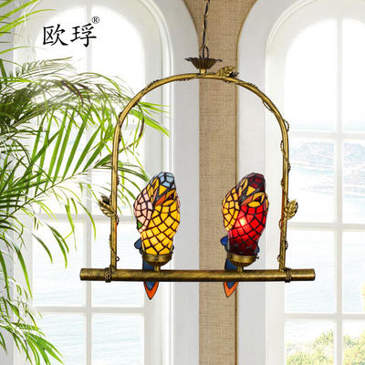 欧式复古鹦鹉吊灯客餐厅阳台灯欧琈蒂凡尼彩色玻璃美式小鸟田园灯
