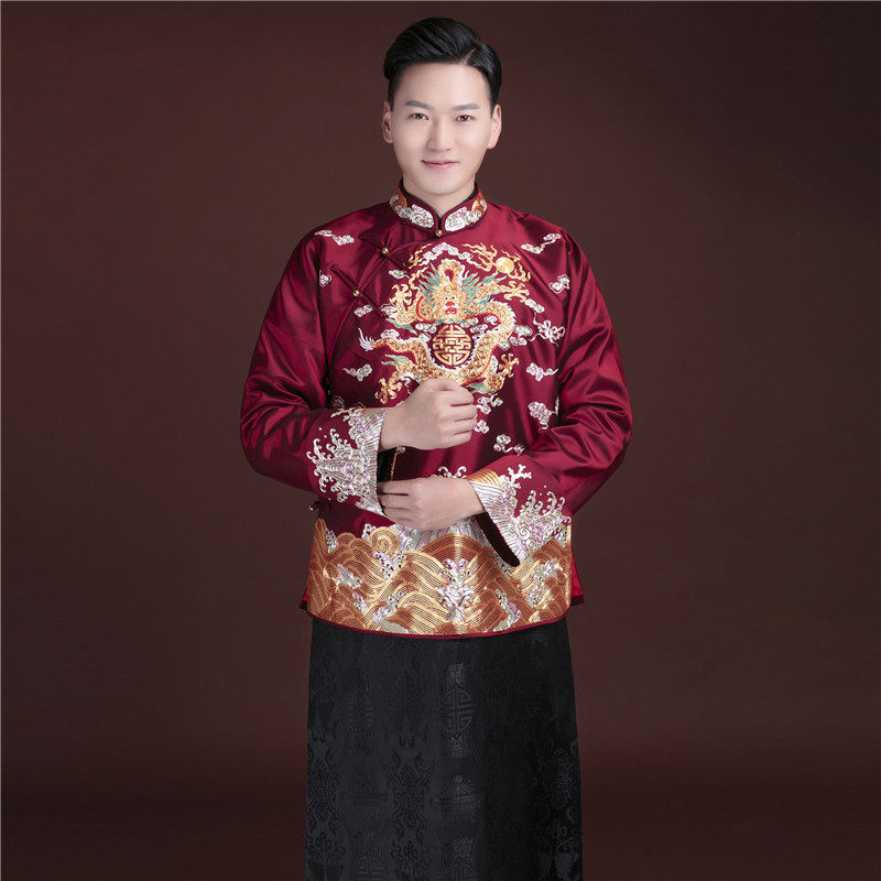 華芬中式嫁衣定制 男士中式婚礼服 长袍马褂 真丝酒红色龙袍图案