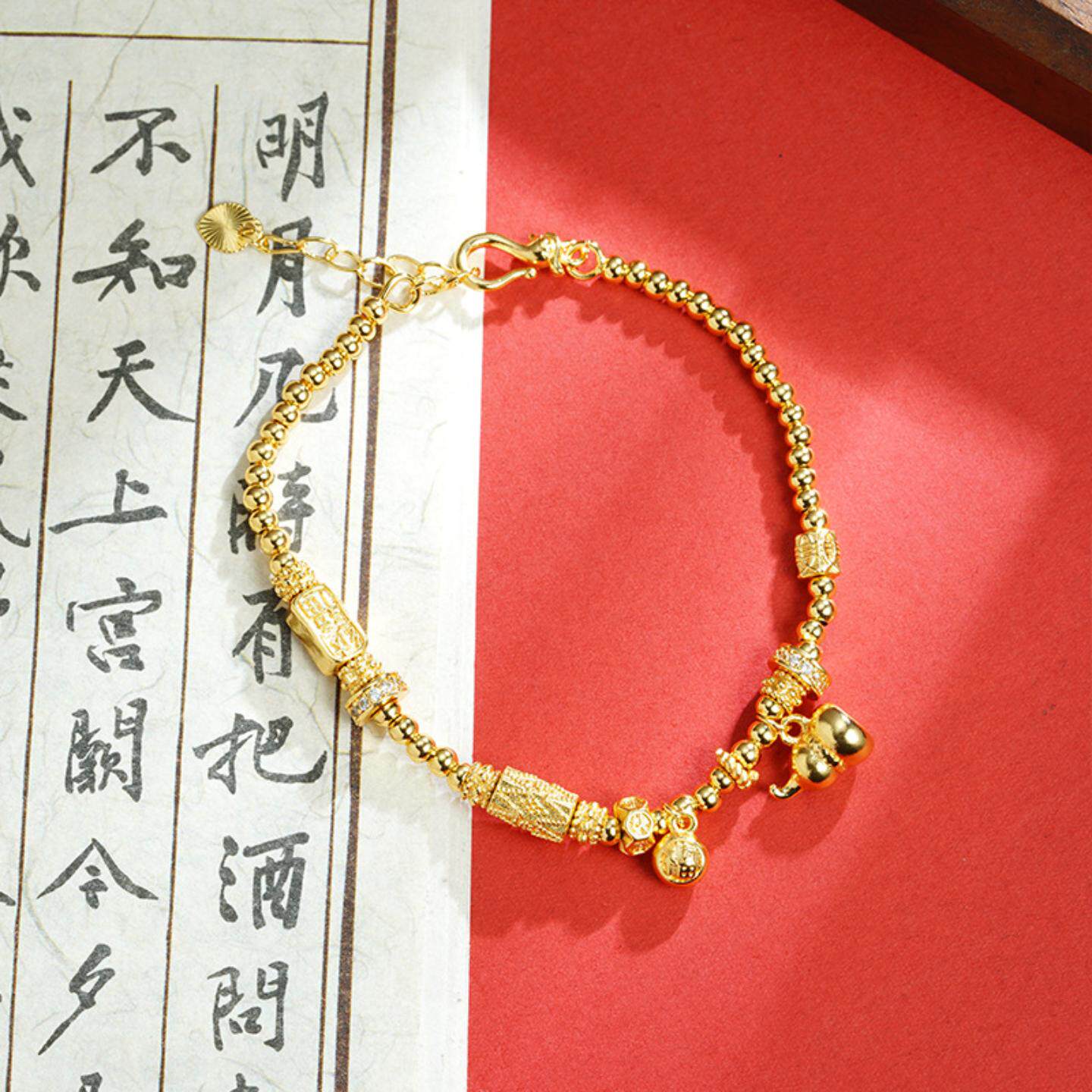 国潮古法沙金手串简约葫芦珠珠福禄算盘手链女宫廷风饰品