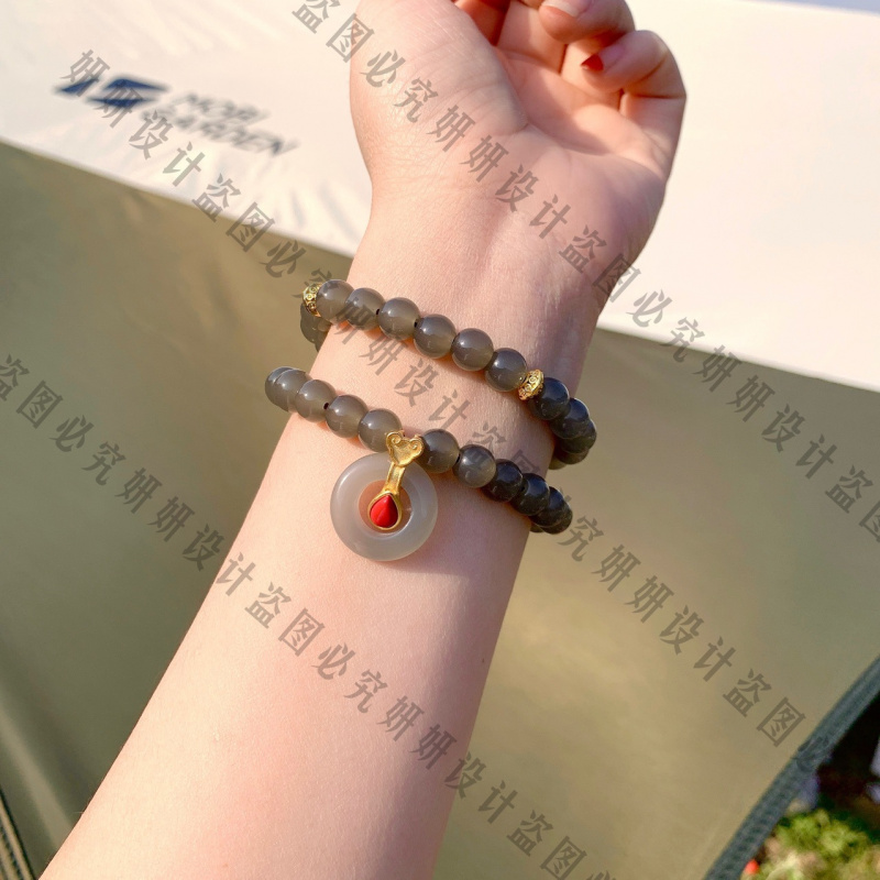 烟灰色玉珠双圈手串如意平安扣吊